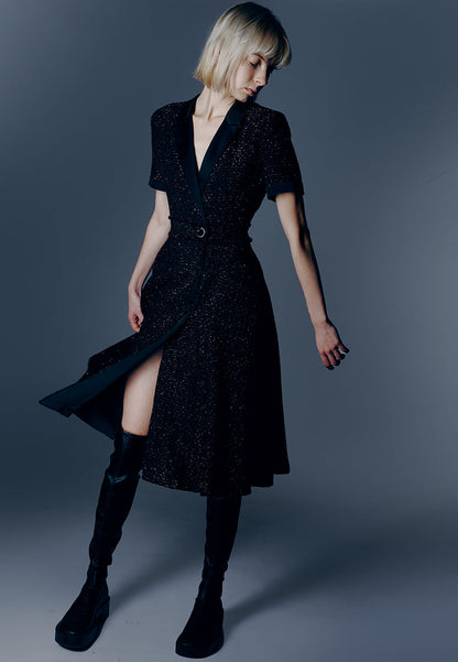 Belt-detail Black Tweed Lapel Dress