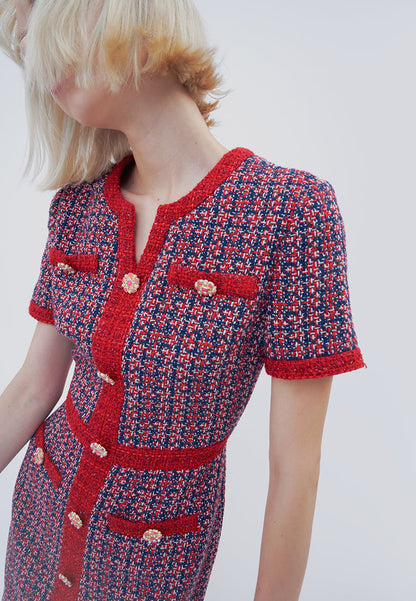 Red Tweed Embellished Button Dress