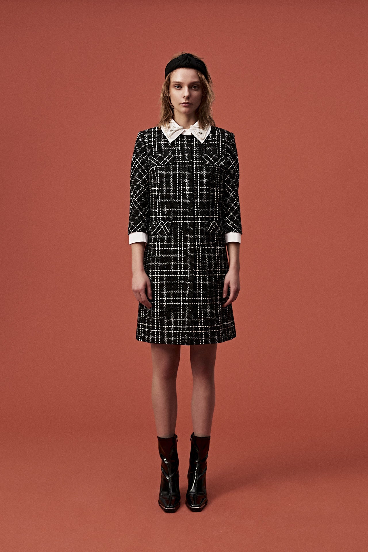 Beaded White Lapel Black Tweed Dress