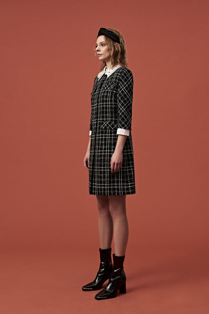 Beaded White Lapel Black Tweed Dress