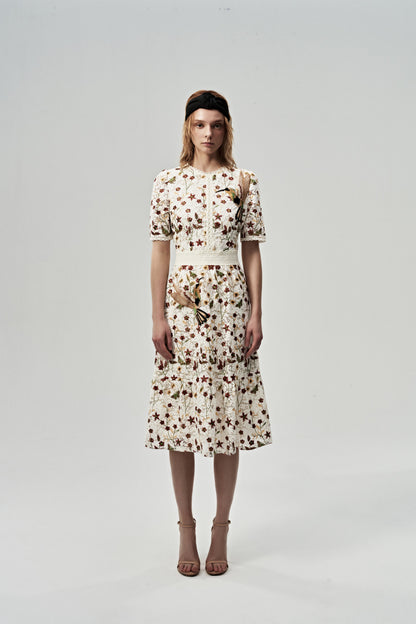 White Nature Embroidered Lace Dress